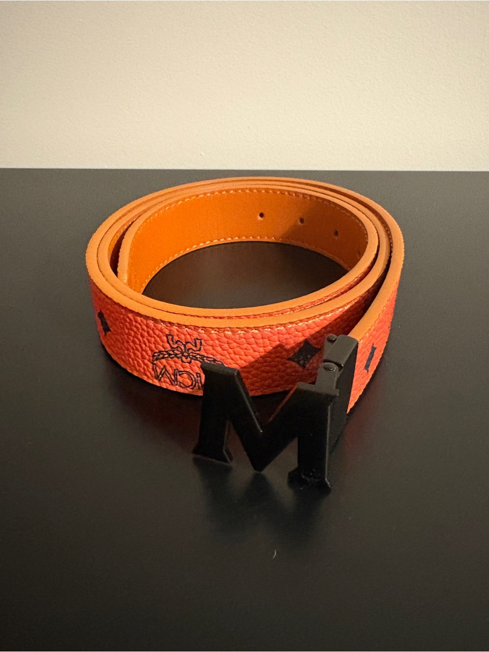 MCM Orange Leather Belt with Black 'M' Buckle